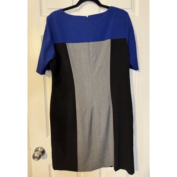 Tahari Dress 14 Black Blue Gray Colorblock Short Sleeve Sheath Career Church - Picture 8 of 11